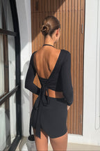Women's Black ballet wrap top by NVS Movement, back view