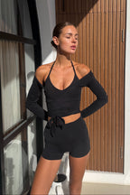 Women's Black ballet wrap top by NVS Movement, front view