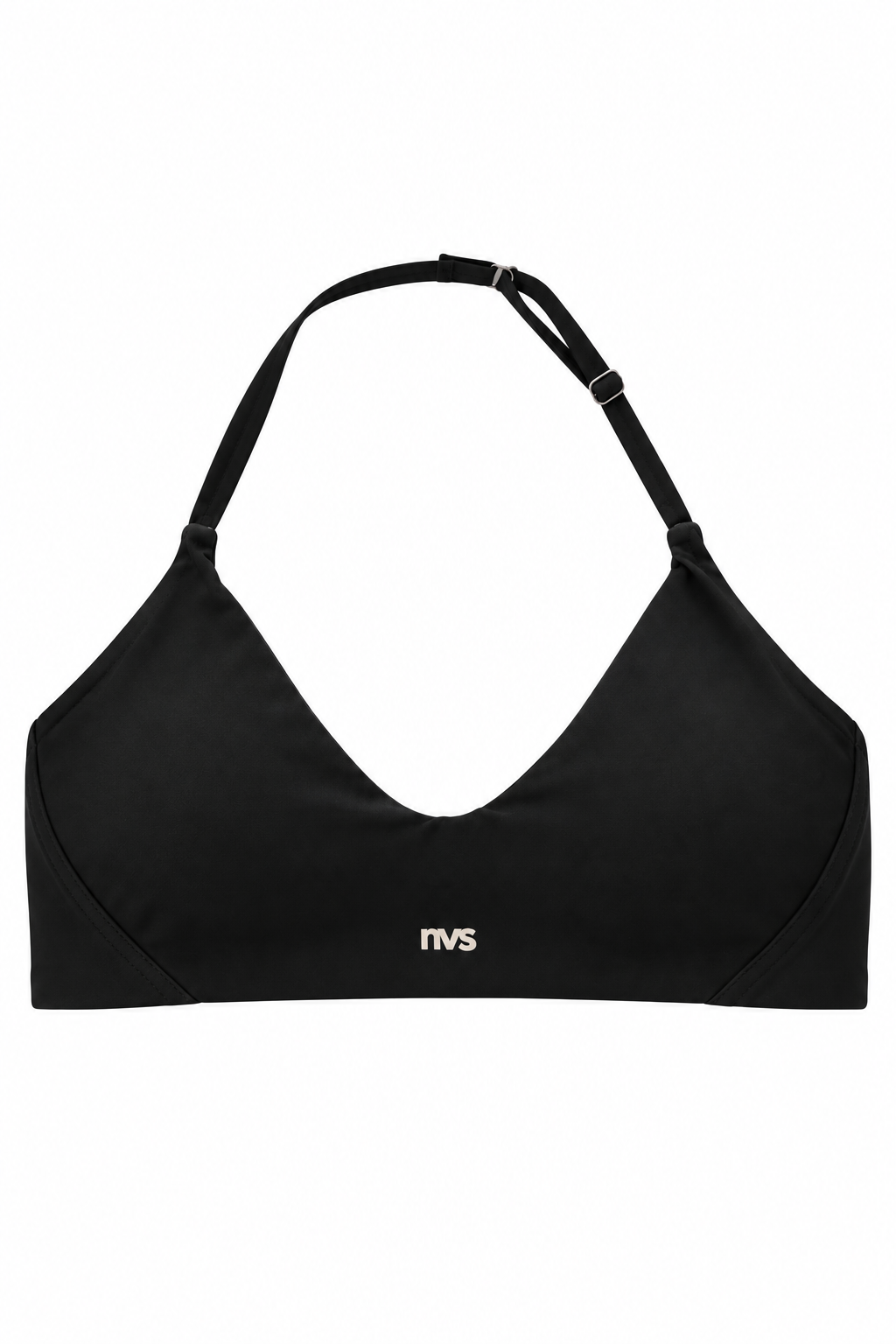 A black halter-style bikini top with a small white 'NVS' logo printed on the center bottom, displayed against a solid white background.