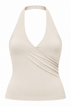 A cream-colored halter-neck wrap top with a crossover front and draped detailing, shown against a plain white background.