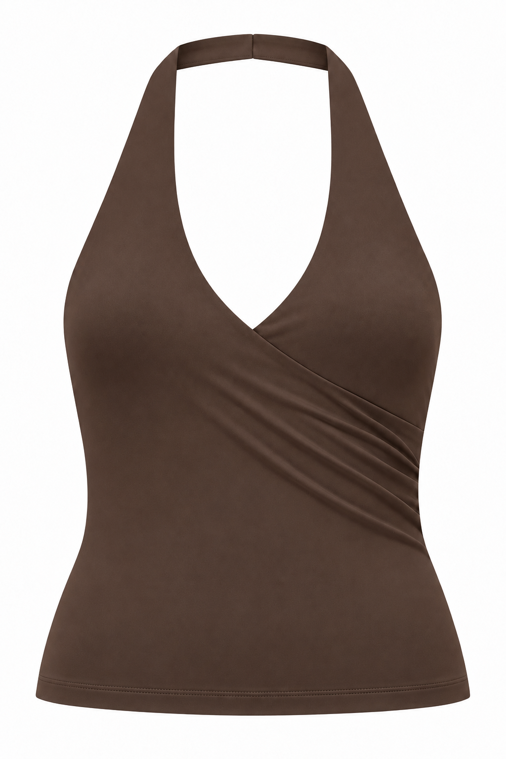 A brown halter-neck wrap tank top with a crossover V-neckline, shown on a plain white background.
