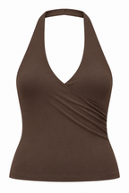 A brown halter-neck wrap tank top with a crossover V-neckline, shown on a plain white background.