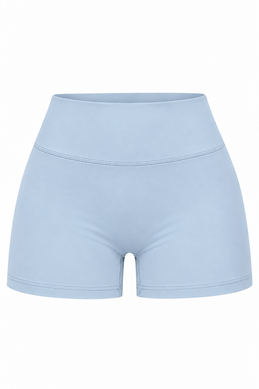 Light blue high-waisted athletic shorts with a wide waistband, shown against a plain white background.